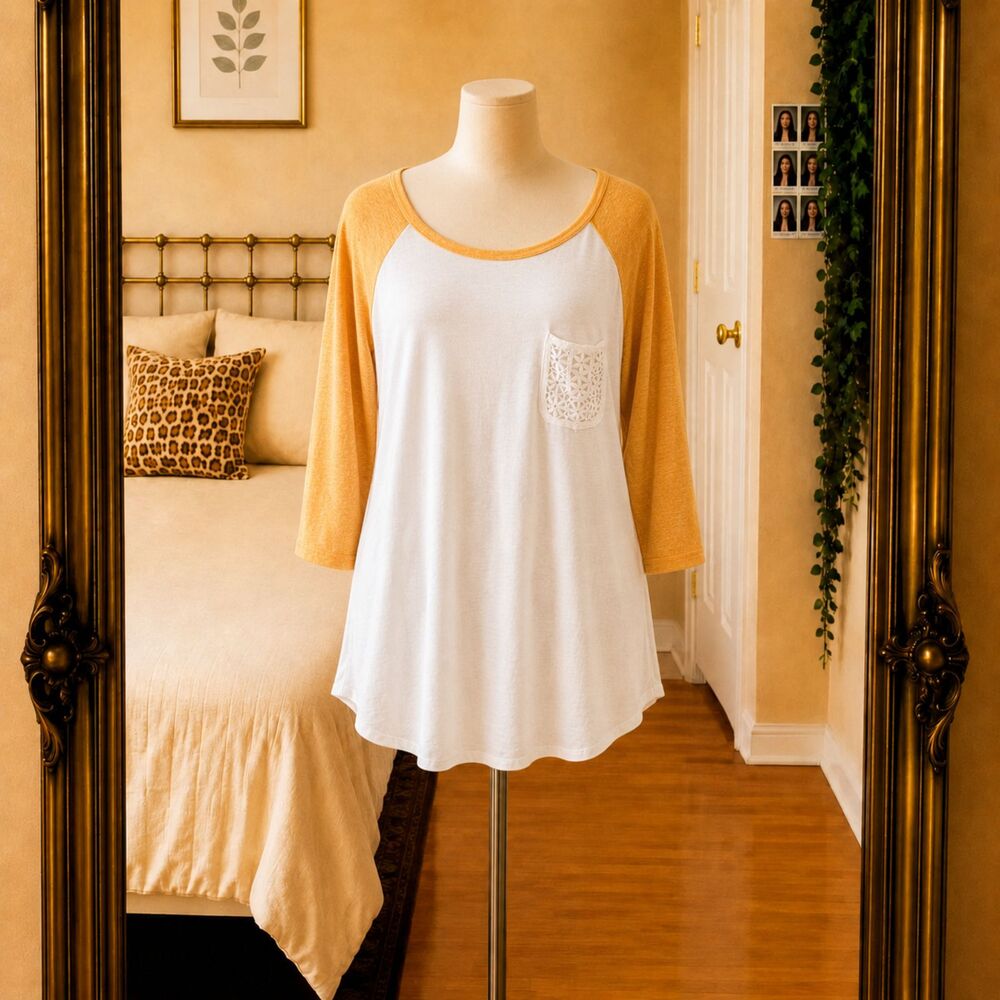 ING Mustard Yellow White Raglan Baseball Tee Lace Pocket Size1X Boho Casual